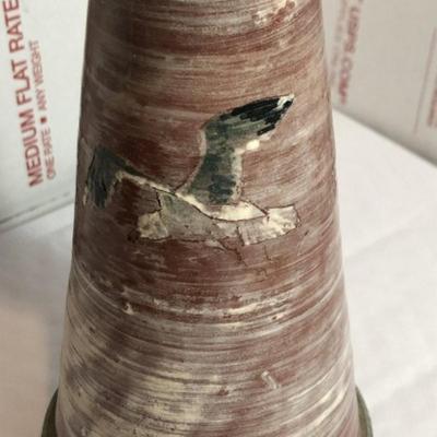 Vintage Scarce Redware Hand Painted Seagulls Pedestal Bowl w/Rattle/Bell Base 10.5