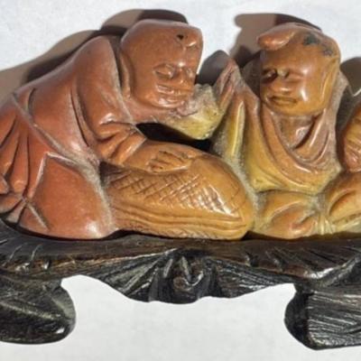 Vintage Hand Carved NETSUKE Style Figure on a Carved Wooden Base all Hand Carved/Etched Preowned from an Estate.