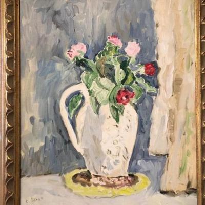 Elizabeth Ward Brown NJ Artist Still Floral Oil on Canvas Frame Size 21.5”x 26” Preowned from an Estate.
