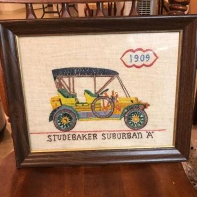 Vintage Needlepoint 1909 Studebaker Suburban A Car Frame Size 13” x 16” in Good Condition.