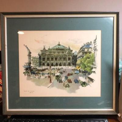 Vintage Rie Pluim Artist Print “Place De LÃ‚’Opera” Frame Size 15.5” x 18”.