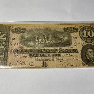 Confederate States of America 1864 $10 Circulated Condition Banknote/Currency as Pictured.