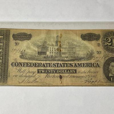 Confederate States of America 1864 $20 Circulated Condition Banknote/Currency as Pictured.