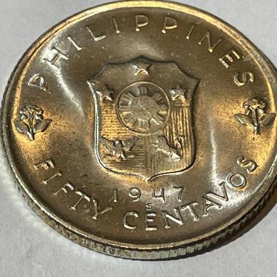Philippines 1947-S Choice BU Condition Silver 50 Centavos Macarthur Commemorative Coin.