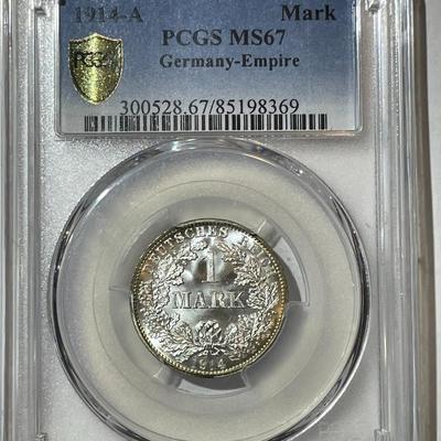 Germany-Empire PCGS Certified 1914-A MS67 1-Mark Silver Superb Blast White Coin.