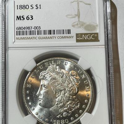 NGC CERTIFIED 1880-S NICE ORIGINAL MS63 GRADED MORGAN SILVER DOLLAR AS PICTURED.