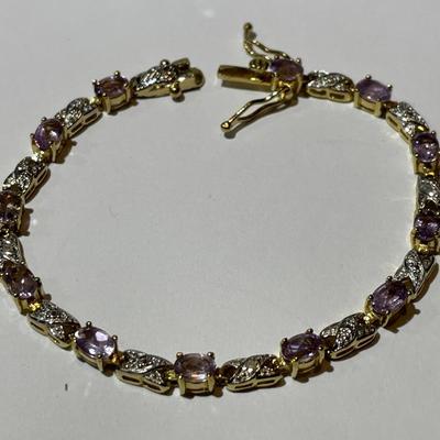 Vintage Estate .925 Gold-toned Sterling Silver Amethyst Color Stone Tennis Bracelet 7-1/3