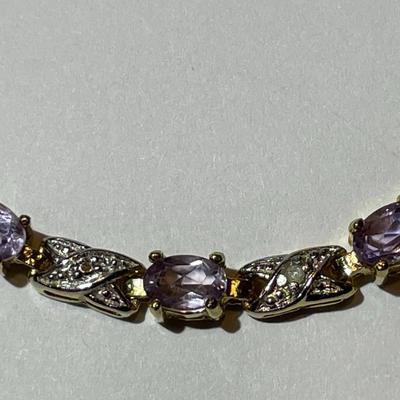 Vintage Estate .925 Gold-toned Sterling Silver Amethyst Color Stone Tennis Bracelet 7-1/3