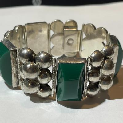 Vintage Mid-Century Mexican Sterling Silver .925 Green Onyx Bracelet 7.25 