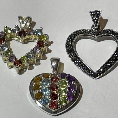 3-Vintage Estate .925 Sterling Silver Heart Pendants in Very Good Preowned Condition as Pictured.