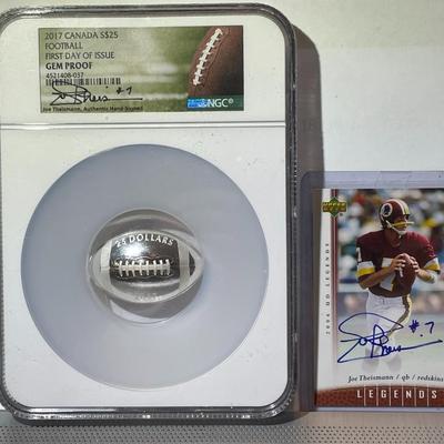 NGC CERTIFIED OVERSIZED HOLDER CANADA 2017 FIRST DAY ISSUE FOOTBALL $25 COIN HOLDER & CARD HAND SIGNED BY JOE THEISMANN.