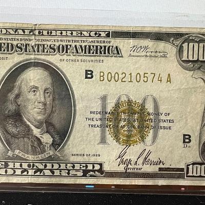 1929 Nice Circulated Condition $100 New York National Currency Serial #210574 as Pictured.