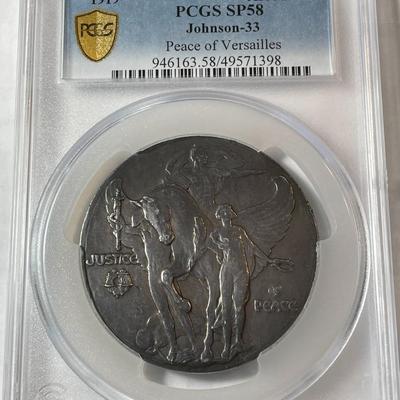 PCGS Certified 1919 AR Medal Johnson-33 Peace of Versailles Silver Medal #58/113 Made Population-1 No Other Silver Medal Graded!