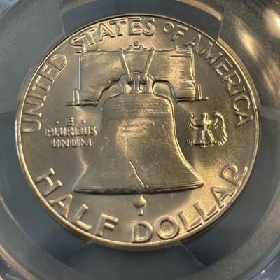 PCGS Certified 1954-S MS65+ Blast White Franklin Silver Half Dollar.