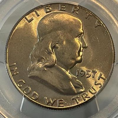 PCGS Certified 1957-P Uncirculated/FBL Superbly Toned Franklin Silver Half Dollar Taken from an Original Cardboard Mint Set.