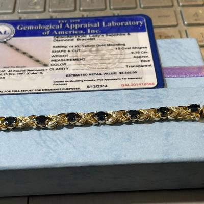 New Never Worn Certified GAL Lab Report Ladies 14K 9-Pennyweights 9.75 Carats Oval Sapphires & Diamonds 7.25" Long (5/13/2014...