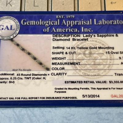 New Never Worn Certified GAL Lab Report Ladies 14K 9-Pennyweights 9.75 Carats Oval Sapphires & Diamonds 7.25" Long (5/13/2014...