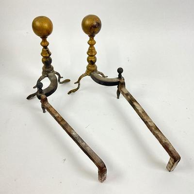 Lot 1045 Pair of Vintage Cast Iron Footed Ball Andirons