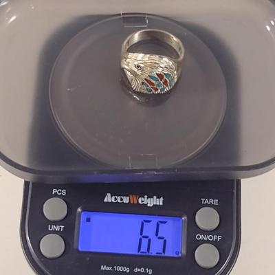 Sterling Silver Ring with Multi-Stone Eagle Design- Size 8- Approx 6.5 Grams (T18)