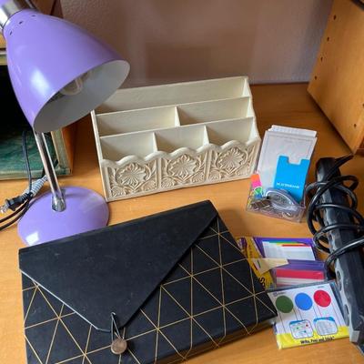 L38- Purple lamp & office supplies