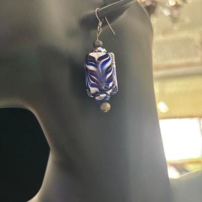 Beautifully made Handblown white blue swirl, handblown square glass earrings