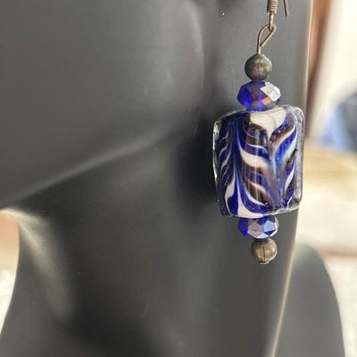 Beautifully made Handblown white blue swirl, handblown square glass earrings