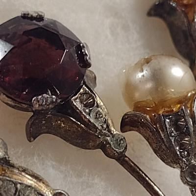 Vintage Sterling Silver. Stone, and Faux Pearl Brooch (D4)