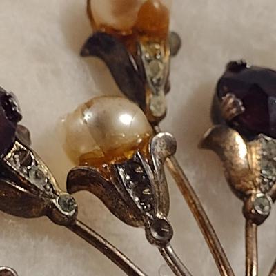Vintage Sterling Silver. Stone, and Faux Pearl Brooch (D4)