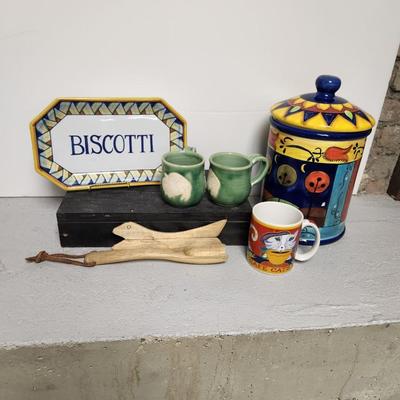 Kitchen pottery - canister, bison mugs etc