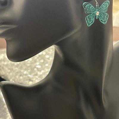 Mint colored thin, metal butterfly shape drop dingle hook earrings