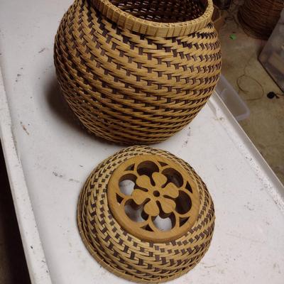 Hand Woven Two Piece Basket with Decorative Wooden Cut-Out Top Accent