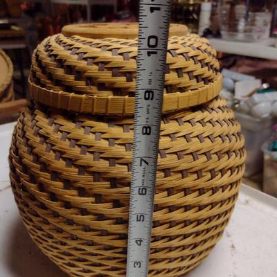 Hand Woven Two Piece Basket with Decorative Wooden Cut-Out Top Accent