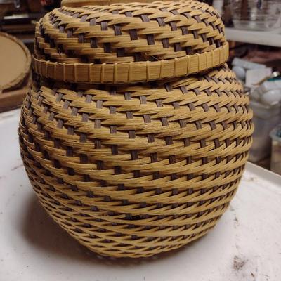 Hand Woven Two Piece Basket with Decorative Wooden Cut-Out Top Accent