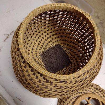 Hand Woven Two Piece Basket with Decorative Wooden Cut-Out Top Accent