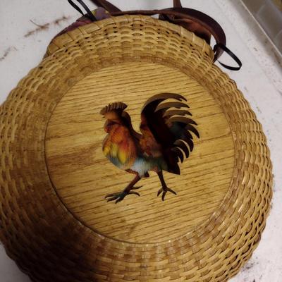 Hand Woven Basket with Decorative Wooden Rooster Cut-Out Accents, Leather Handle, and Fabric Liner Insert