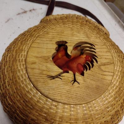 Hand Woven Basket with Decorative Wooden Rooster Cut-Out Accents, Leather Handle, and Fabric Liner Insert