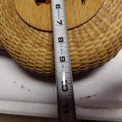 Hand Woven Basket with Decorative Wooden Rooster Cut-Out Accents, Leather Handle, and Fabric Liner Insert