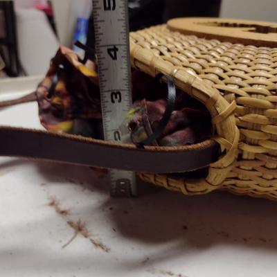 Hand Woven Basket with Decorative Wooden Rooster Cut-Out Accents, Leather Handle, and Fabric Liner Insert