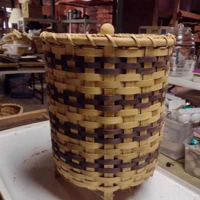 Large, Hand Woven Slat Wood Basket with Lid- Approx 11 3/4" in Diameter, 15 1/2" Tall