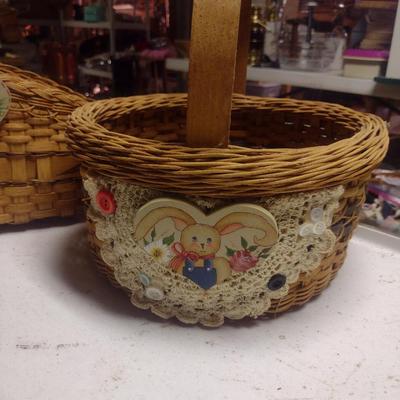 Pair of Hand Woven Baskets with Hand Painted Rabbit/Easter Theme
