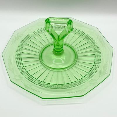 Single (1) ~ Vtg. Uranium Depression Green Glass Handled Serving Tray