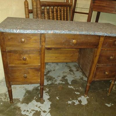 Vintage Solid Wood Knee Hole Desk with Upholstered Cover