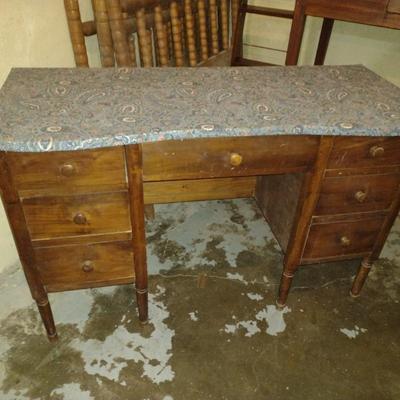 Vintage Solid Wood Knee Hole Desk with Upholstered Cover