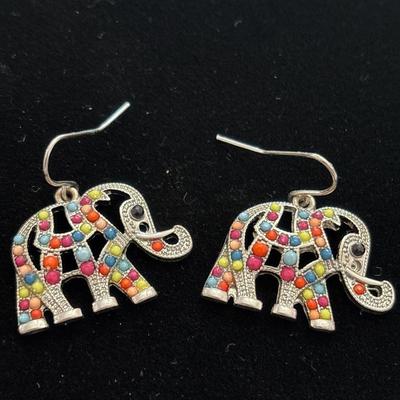Colorful beaded dangle, elephant earrings