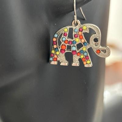 Colorful beaded dangle, elephant earrings