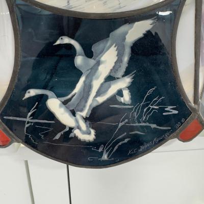 1036 Vintage Waterfowl Etched Slag Glass Hanging Lamp Signed Kit Mounger