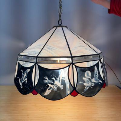 1036 Vintage Waterfowl Etched Slag Glass Hanging Lamp Signed Kit Mounger