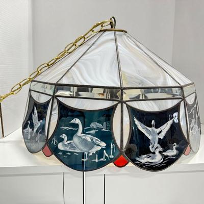 1036 Vintage Waterfowl Etched Slag Glass Hanging Lamp Signed Kit Mounger