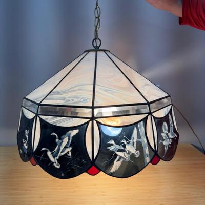 1036 Vintage Waterfowl Etched Slag Glass Hanging Lamp Signed Kit Mounger