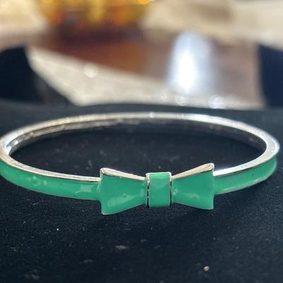 Aqua green enamel bow bangle bracelet